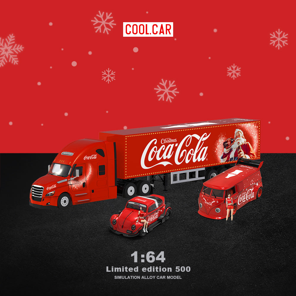 Cool.Car 1:64  Freightliner Container Truck Christmas Coca Cola Edition + Volkswagen Beetle + Volkswagen T1 Kombi Camper Van+2 Figures Full Set