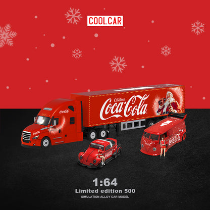 Cool.Car 1:64  Freightliner Container Truck Christmas Coca Cola Edition + Volkswagen Beetle + Volkswagen T1 Kombi Camper Van+2 Figures Full Set
