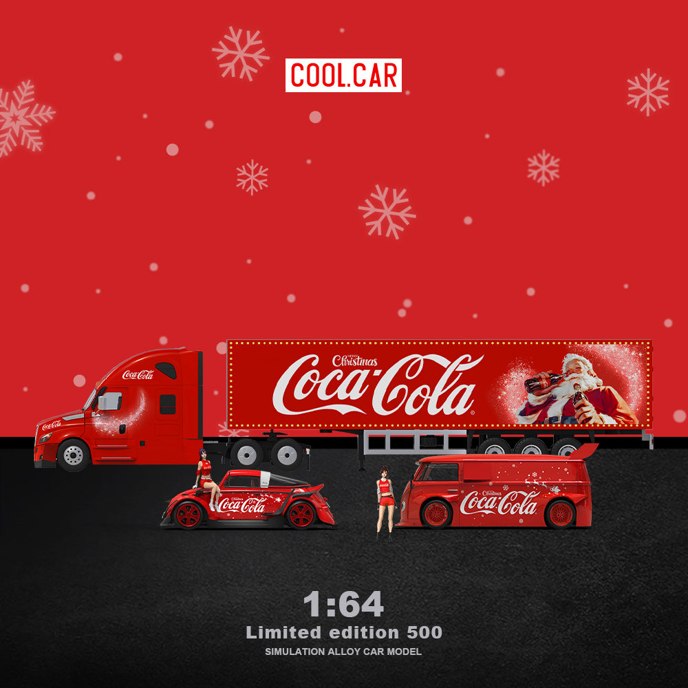 Cool.Car 1:64  Freightliner Container Truck Christmas Coca Cola Edition + Volkswagen Beetle + Volkswagen T1 Kombi Camper Van+2 Figures Full Set