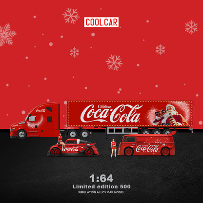 Cool.Car 1:64  Freightliner Container Truck Christmas Coca Cola Edition + Volkswagen Beetle + Volkswagen T1 Kombi Camper Van+2 Figures Full Set