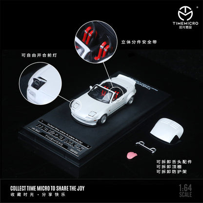Time Micro 1:64 Mazda MX5 MX-5 White Foldable Head Lights Removable Roof with Model Girl Figure