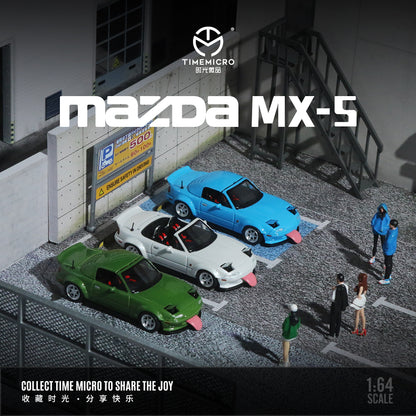 Time Micro 1:64 Mazda MX5 MX-5 White Foldable Head Lights Removable Roof with Model Girl Figure