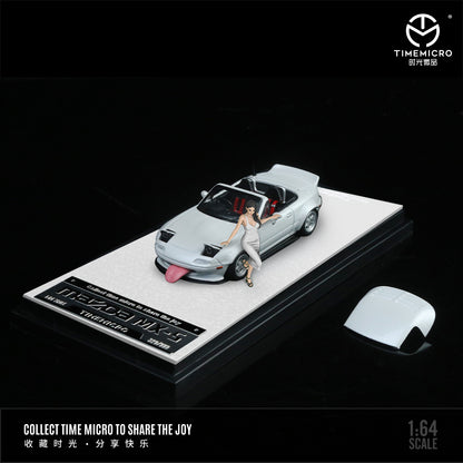Time Micro 1:64 Mazda MX5 MX-5 White Foldable Head Lights Removable Roof with Model Girl Figure