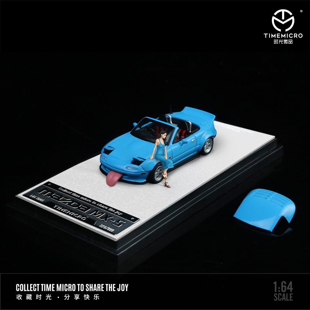 Time Micro 1:64 Mazda MX5 MX-5 Blue Foldable Head Lights Removable Roof with Model Girl Figure
