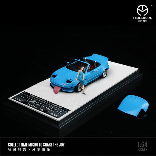 Time Micro 1:64 Mazda MX5 MX-5 Blue Foldable Head Lights Removable Roof with Model Girl Figure