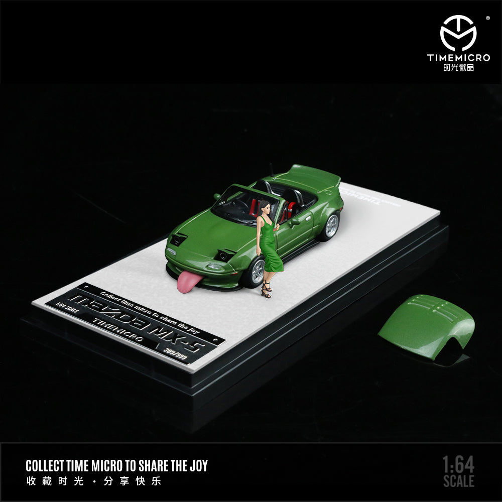 Time Micro 1:64 Mazda MX5 MX-5 Green Foldable Head Lights Removable Roof with Model Girl Figure