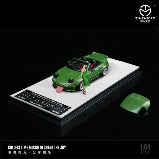 Time Micro 1:64 Mazda MX5 MX-5 Green Foldable Head Lights Removable Roof with Model Girl Figure