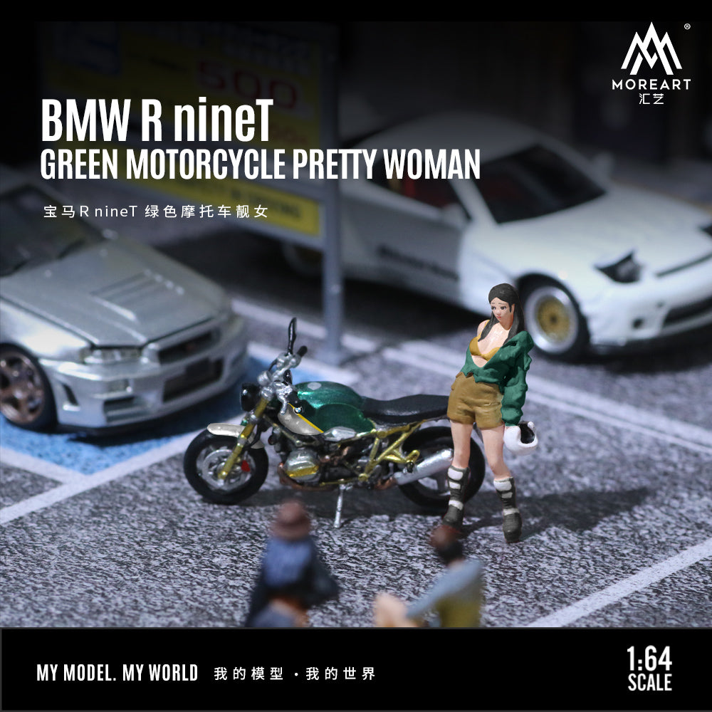 MoreArt 1:64 BMW R NineT Green Motorcycle Pretty Woman Figure Set (1 Motorcycle + 1 Figure)