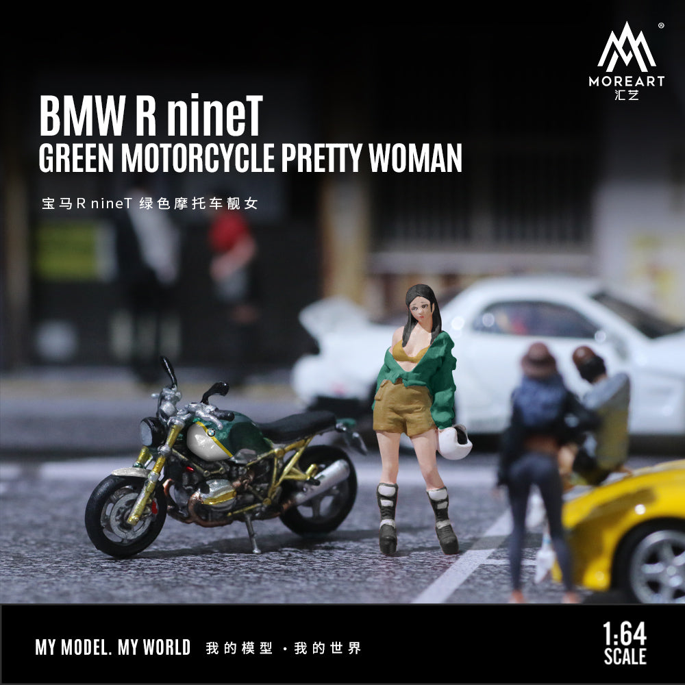 MoreArt 1:64 BMW R NineT Green Motorcycle Pretty Woman Figure Set (1 Motorcycle + 1 Figure)
