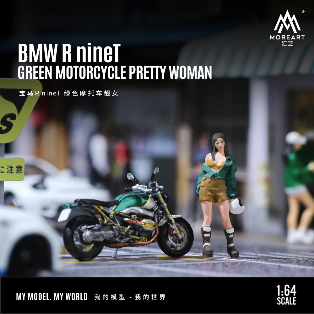 MoreArt 1:64 BMW R NineT Green Motorcycle Pretty Woman Figure Set (1 Motorcycle + 1 Figure)