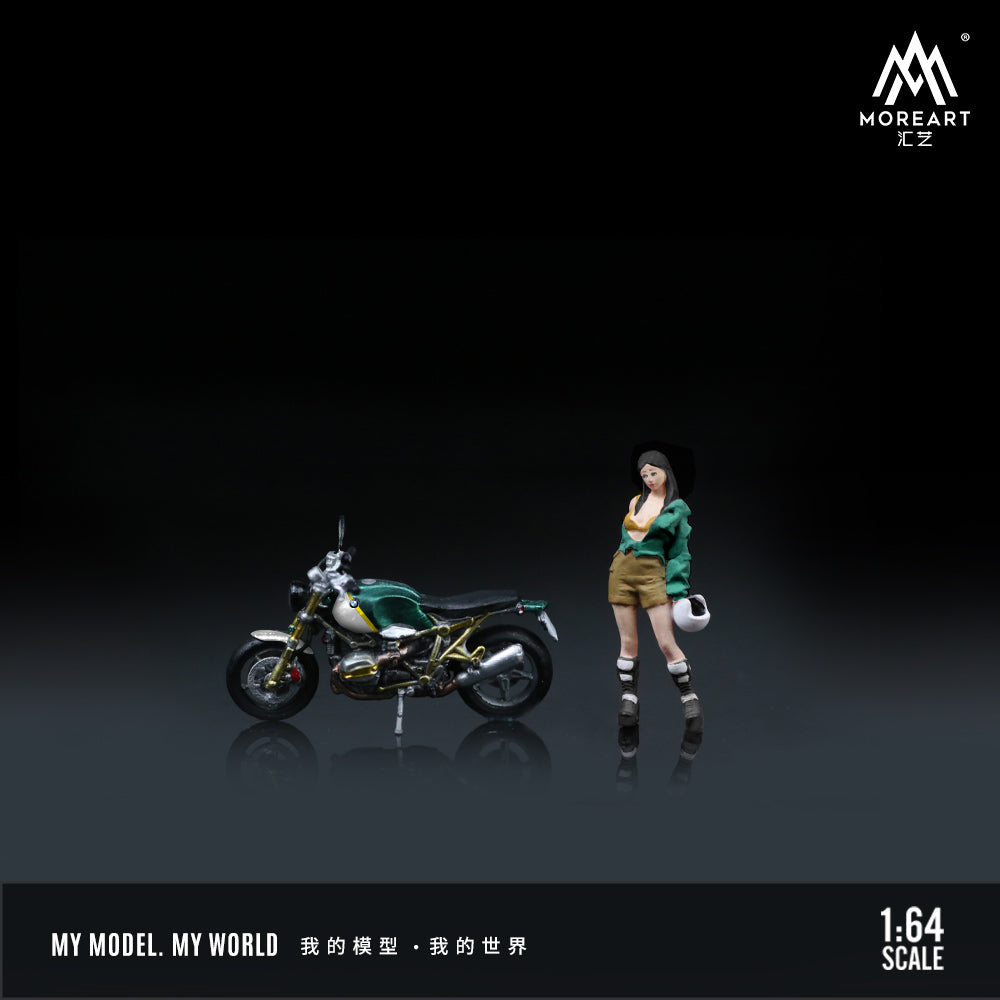 MoreArt 1:64 BMW R NineT Green Motorcycle Pretty Woman Figure Set (1 Motorcycle + 1 Figure)