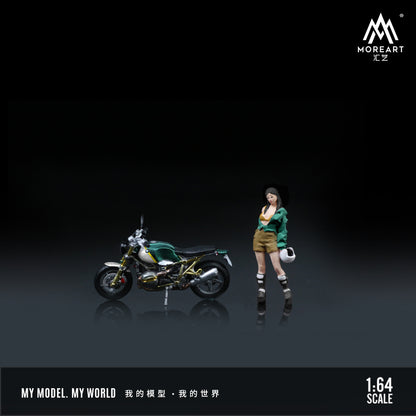 MoreArt 1:64 BMW R NineT Green Motorcycle Pretty Woman Figure Set (1 Motorcycle + 1 Figure)