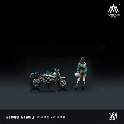 MoreArt 1:64 BMW R NineT Green Motorcycle Pretty Woman Figure Set (1 Motorcycle + 1 Figure)