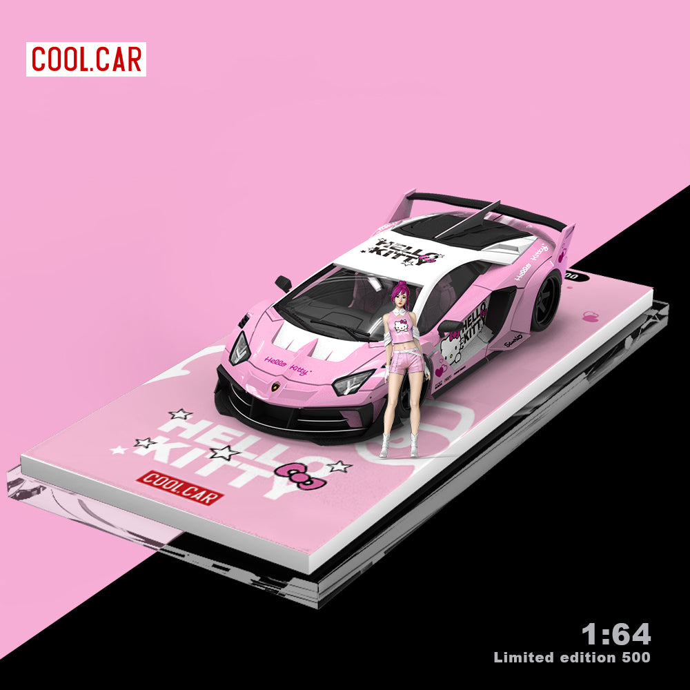 Cool.Car 1:64 Lamborghini Aventador GT EVO Hello Kitty Edition Light Pink and White with Model Girl Figure