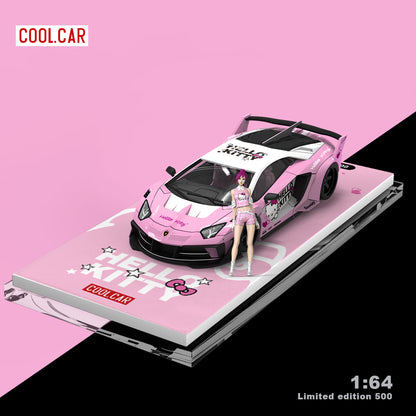 Cool.Car 1:64 Lamborghini Aventador GT EVO Hello Kitty Edition Light Pink and White with Model Girl Figure