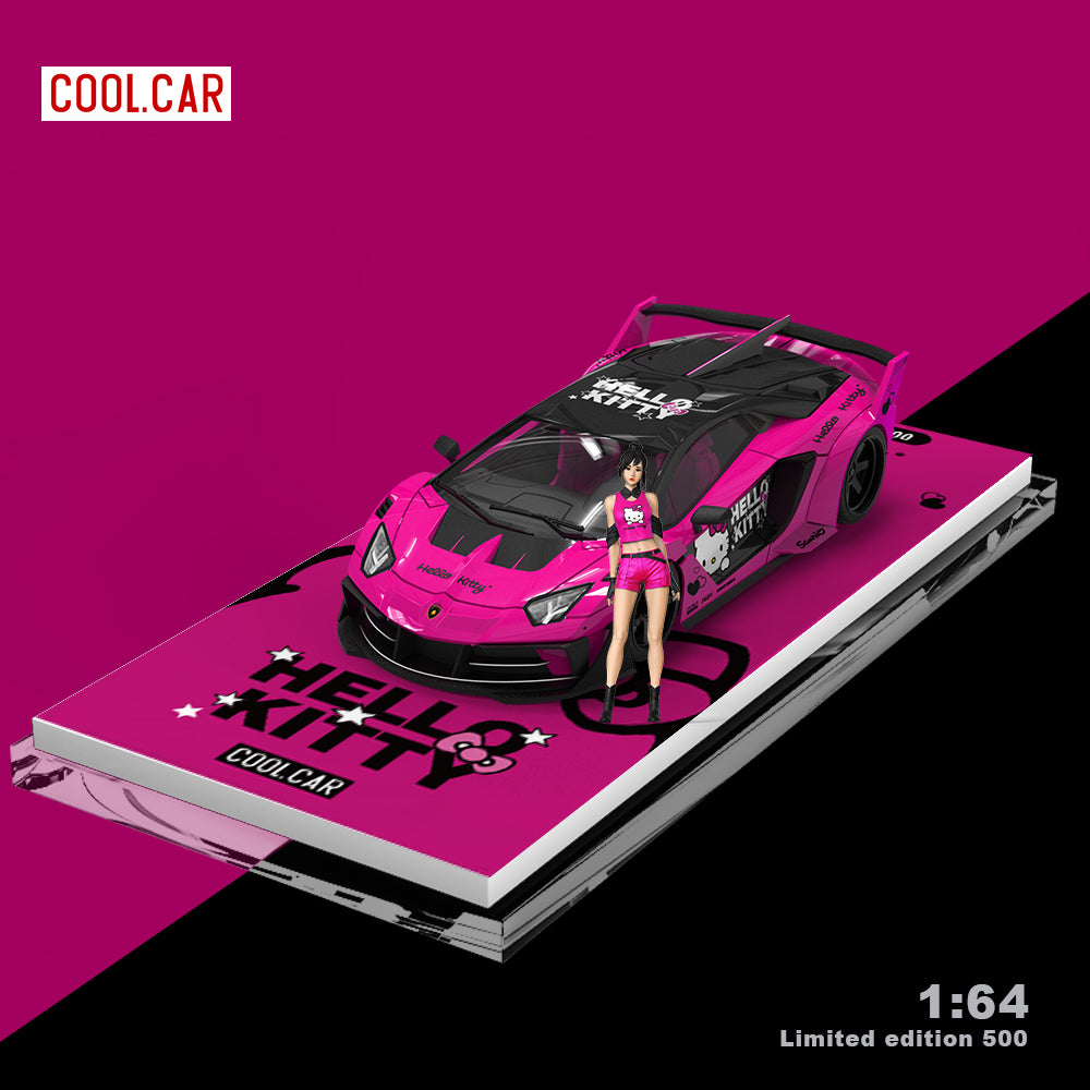 Cool.Car 1:64 Lamborghini Aventador GT EVO Hello Kitty Edition Dark Pink and White with Model Girl Figure