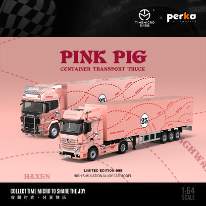 Time Micro x Perka 1:64 Mercedes Actros Container Truck Pink Pig Edition