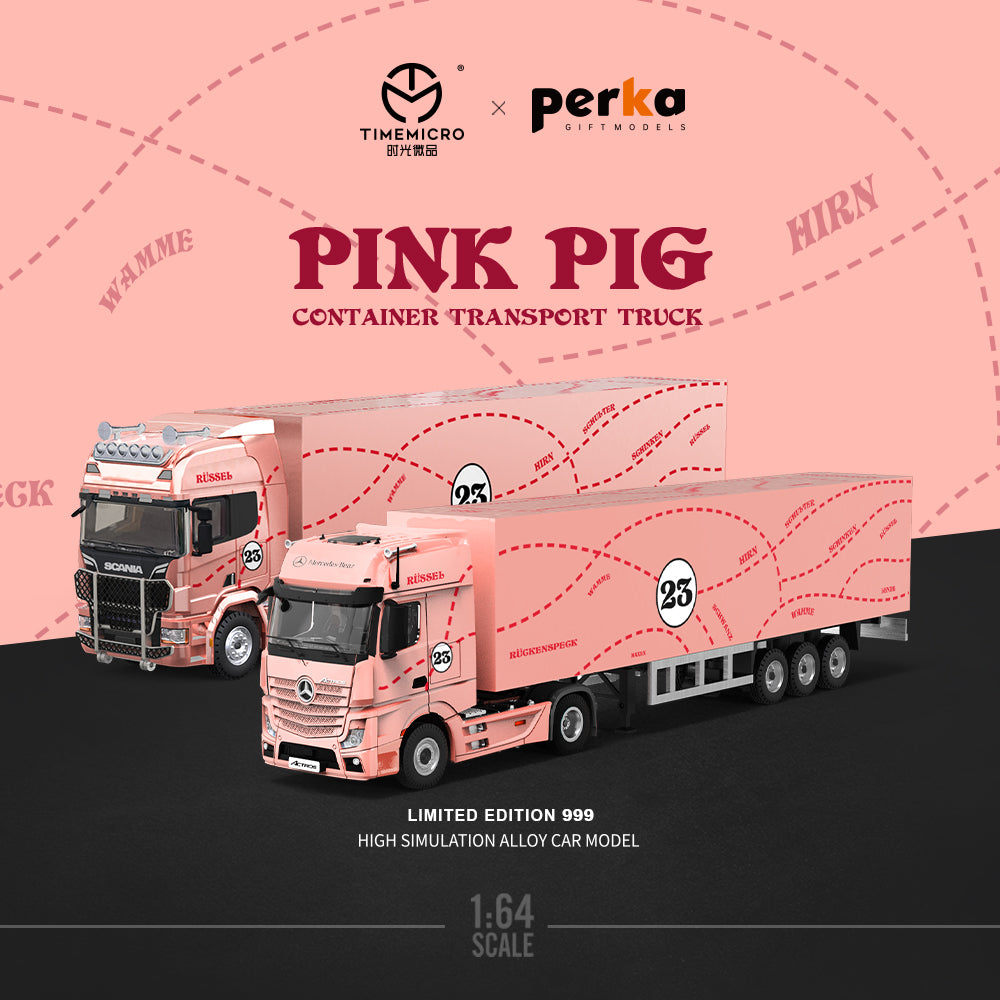 Time Micro x Perka 1:64 Mercedes Actros Container Truck Pink Pig Edition