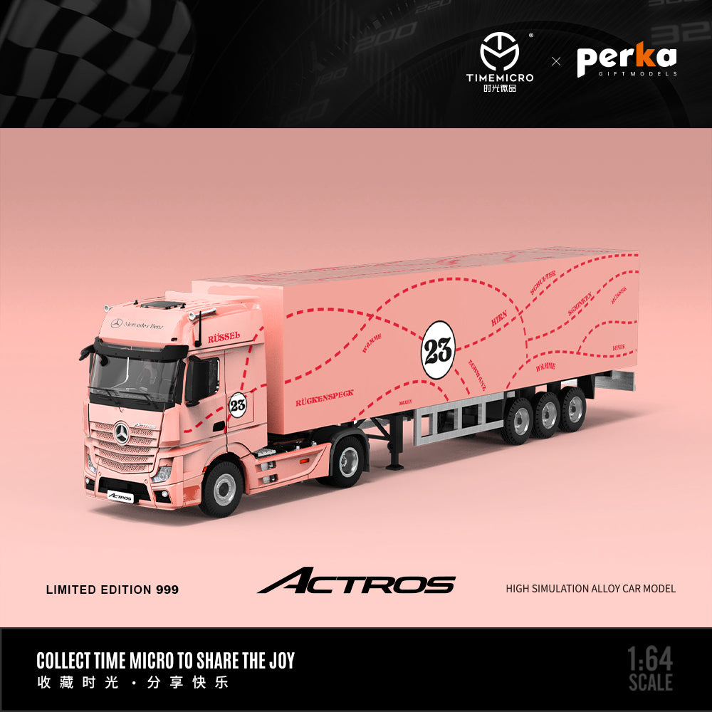 Time Micro x Perka 1:64 Mercedes Actros Container Truck Pink Pig Edition