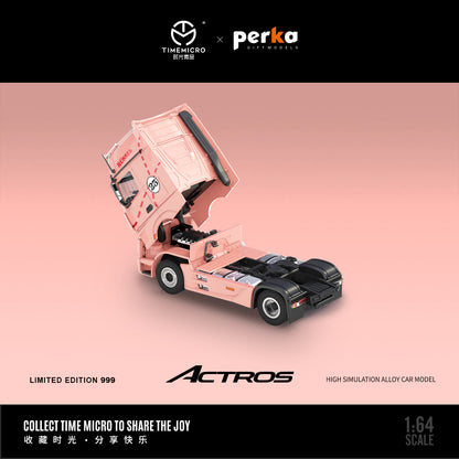 Time Micro x Perka 1:64 Mercedes Actros Container Truck Pink Pig Edition