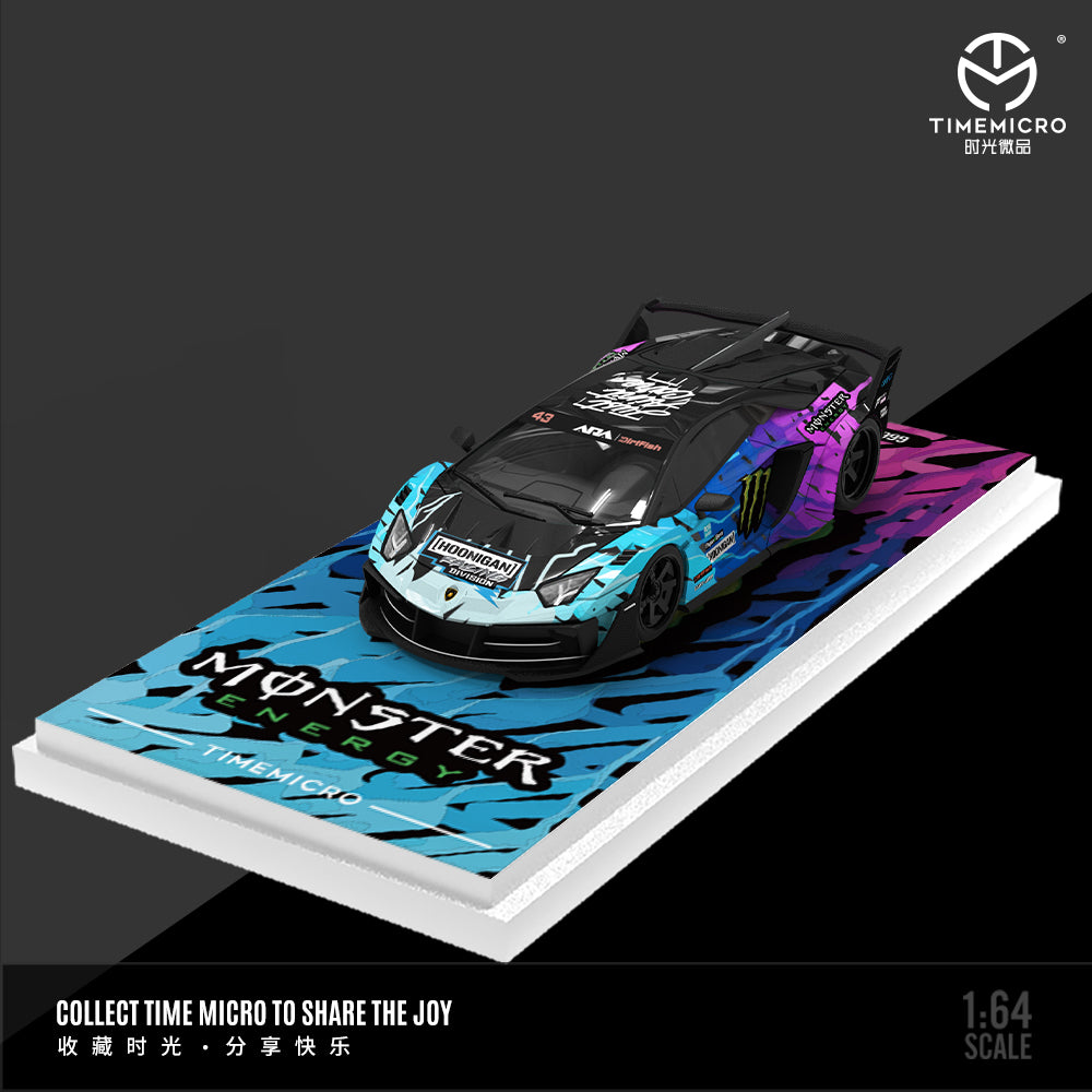 Time Micro 1:64 Mercedes Benz Actros Container Truck Monster Energy Black Edition + Lamborghini Aventador GT EVO + Nissan GT-R KPGC110 + 2 Figures Full Set
