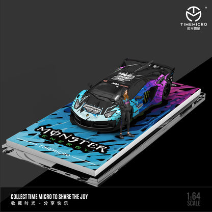 Time Micro 1:64 Mercedes Benz Actros Container Truck Monster Energy Black Edition + Lamborghini Aventador GT EVO + Nissan GT-R KPGC110 + 2 Figures Full Set