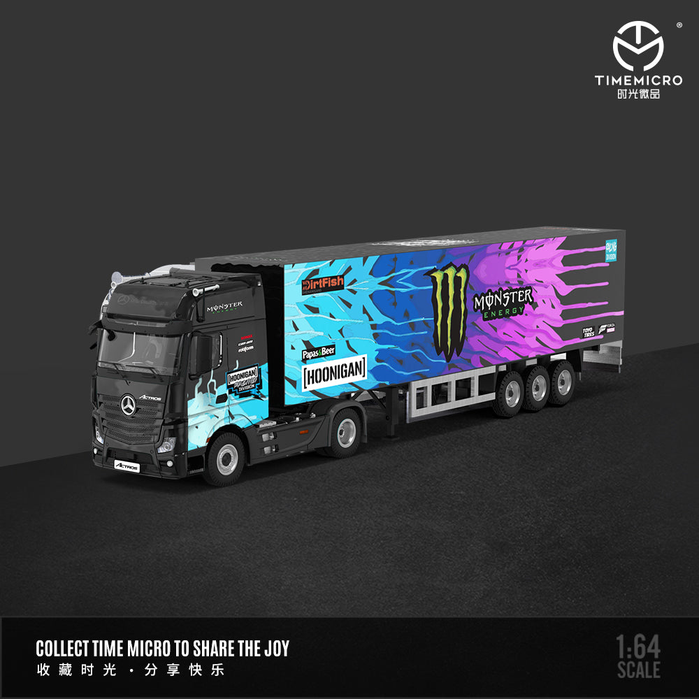 Time Micro 1:64 Mercedes Benz Actros Container Truck Monster Energy Black Edition + Lamborghini Aventador GT EVO + Nissan GT-R KPGC110 + 2 Figures Full Set