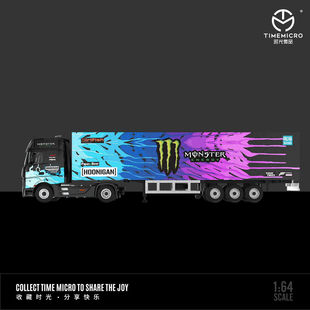 Time Micro 1:64 Mercedes Benz Actros Container Truck Monster Energy Black Edition + Lamborghini Aventador GT EVO + Nissan GT-R KPGC110 + 2 Figures Full Set
