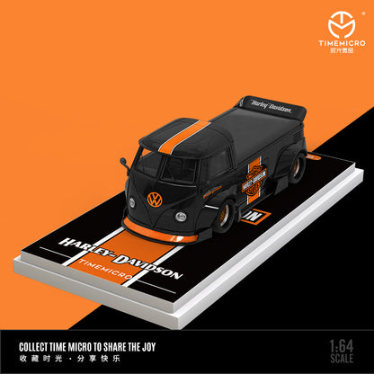 Time Micro 1/64 Volkswagen Kombi T1 Modified Wide Body Pick-Up Truck Harley-Davidson Edition + Harley-Davidson Black Orange Motorcycle + Figure Man Full Set