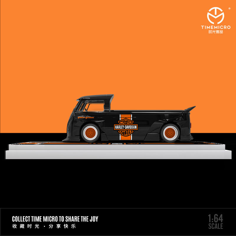 Time Micro 1/64 Volkswagen Kombi T1 Modified Wide Body Pick-Up Truck Harley-Davidson Edition + Harley-Davidson Black Orange Motorcycle + Figure Man Full Set