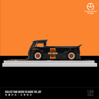 Time Micro 1/64 Volkswagen Kombi T1 Modified Wide Body Pick-Up Truck Harley-Davidson Edition + Harley-Davidson Black Orange Motorcycle + Figure Man Full Set