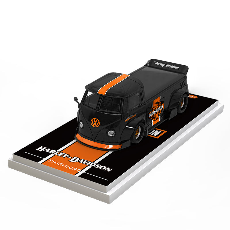 Time Micro 1/64 Volkswagen Kombi T1 Modified Wide Body Pick-Up Truck Harley-Davidson Edition + Harley-Davidson Black Orange Motorcycle + Figure Man Full Set