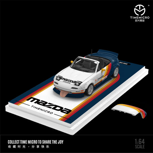 Time Micro 1:64 Mazda MX5 MX-5 Foldable Head Lights Removable Roof White Blue Colours Stripes