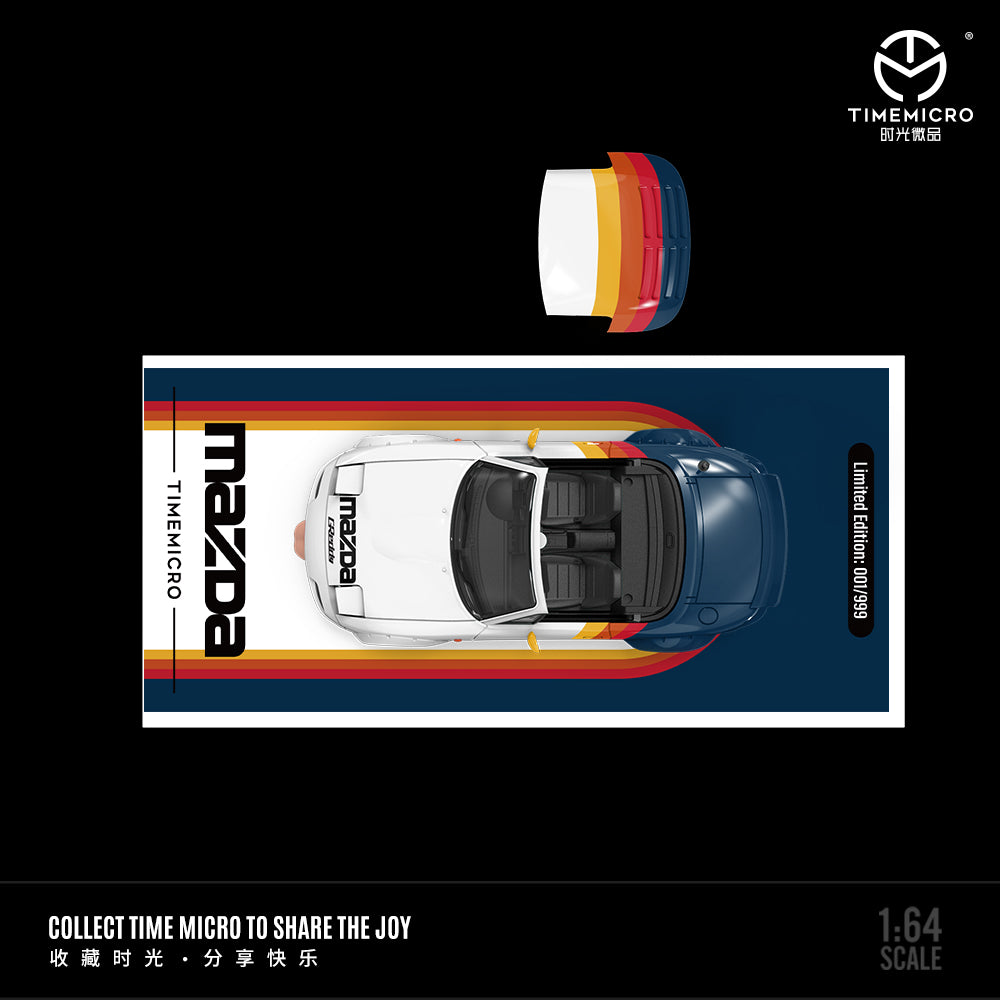 Time Micro 1:64 Mazda MX5 MX-5 Foldable Head Lights Removable Roof White Blue Colours Stripes
