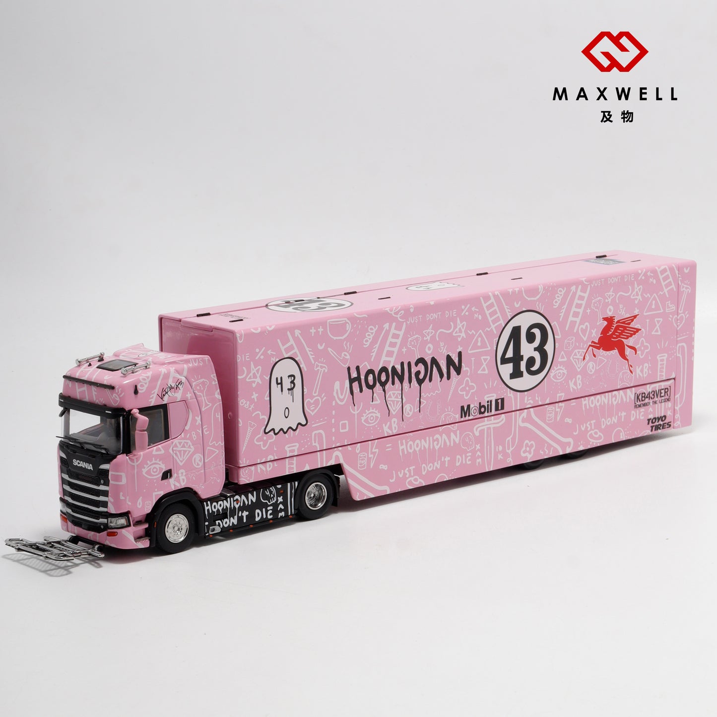 Maxwell 1/64 Scania S-Series S730 V8 Double Layers Enclosed  Gull Wings Transporter Lorry Truck Livery Ken Block Hoonigan #43 Pink Pig