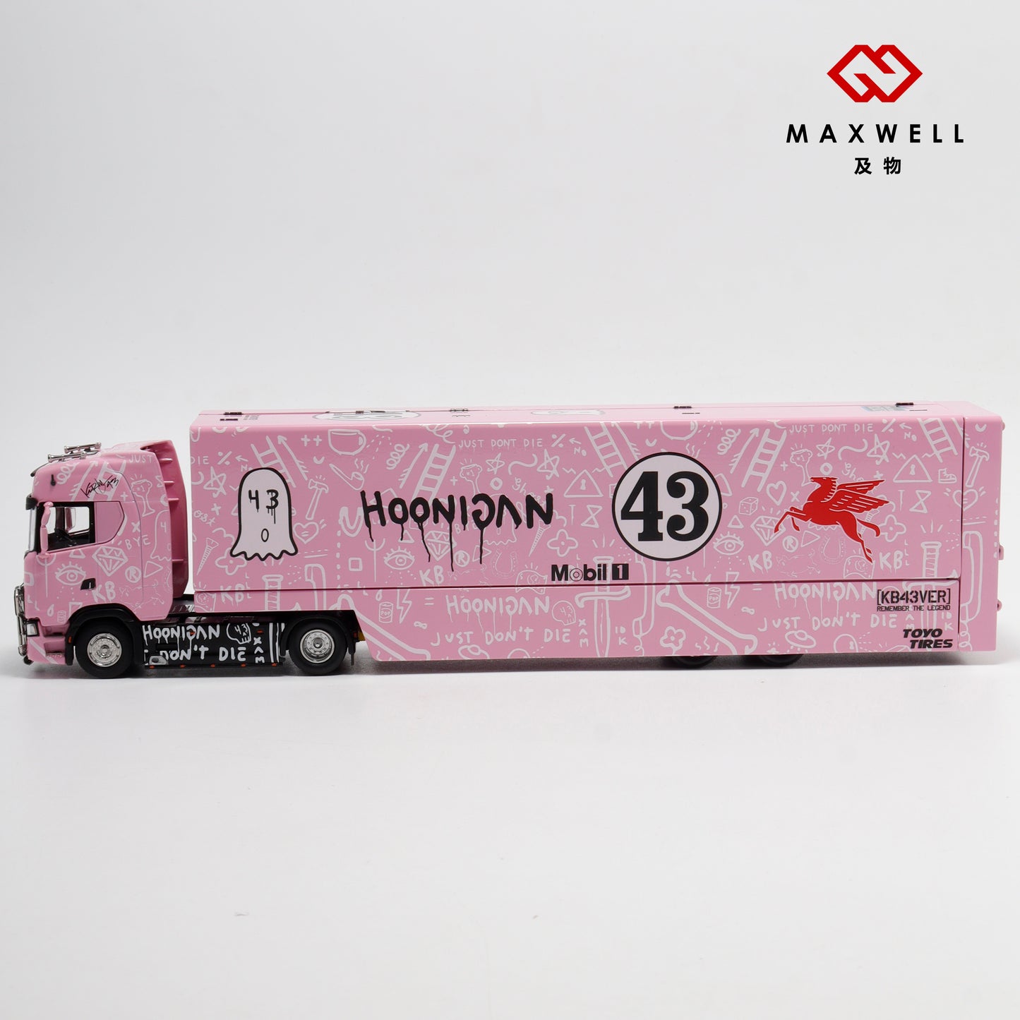 Maxwell 1/64 Scania S-Series S730 V8 Double Layers Enclosed  Gull Wings Transporter Lorry Truck Livery Ken Block Hoonigan #43 Pink Pig