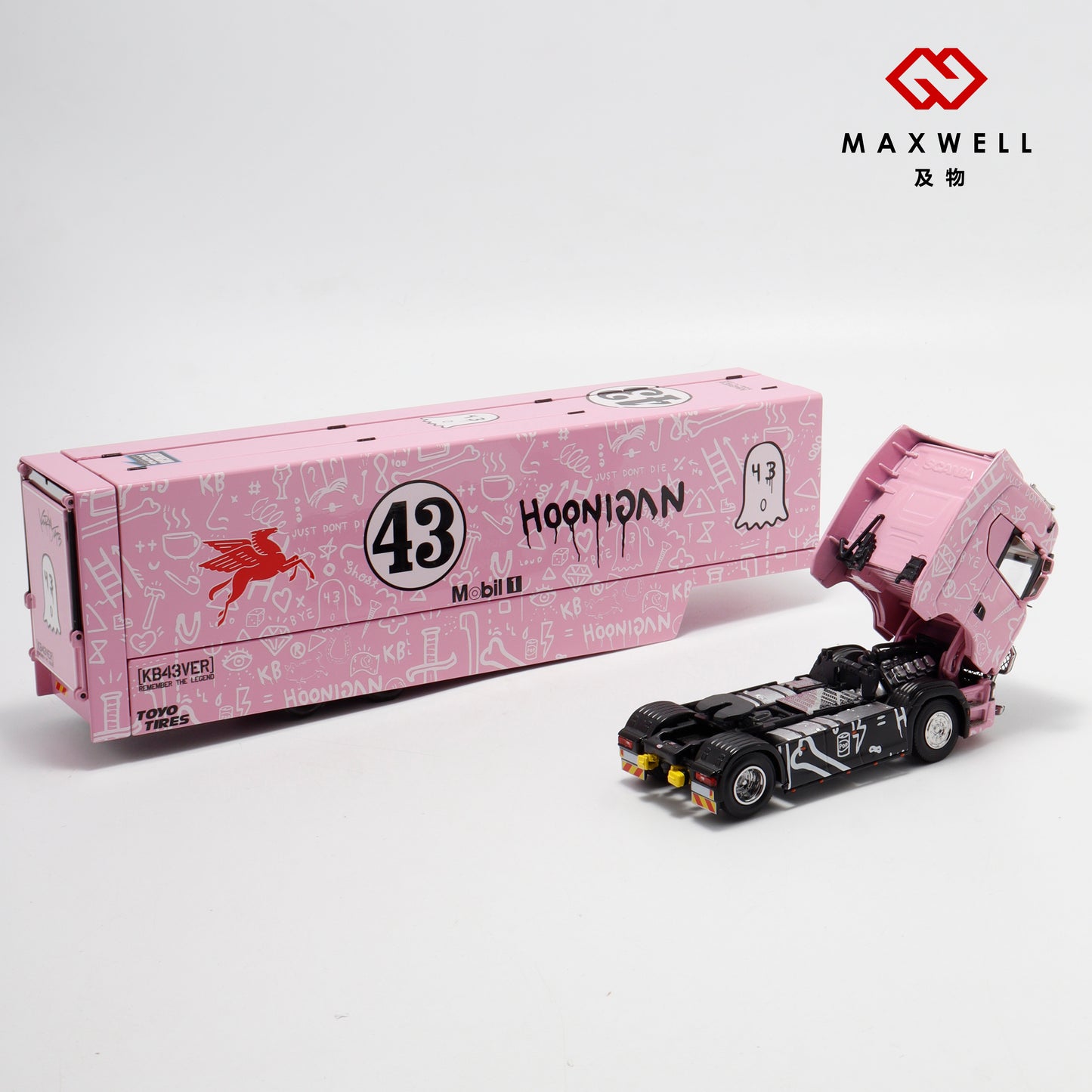Maxwell 1/64 Scania S-Series S730 V8 Double Layers Enclosed  Gull Wings Transporter Lorry Truck Livery Ken Block Hoonigan #43 Pink Pig