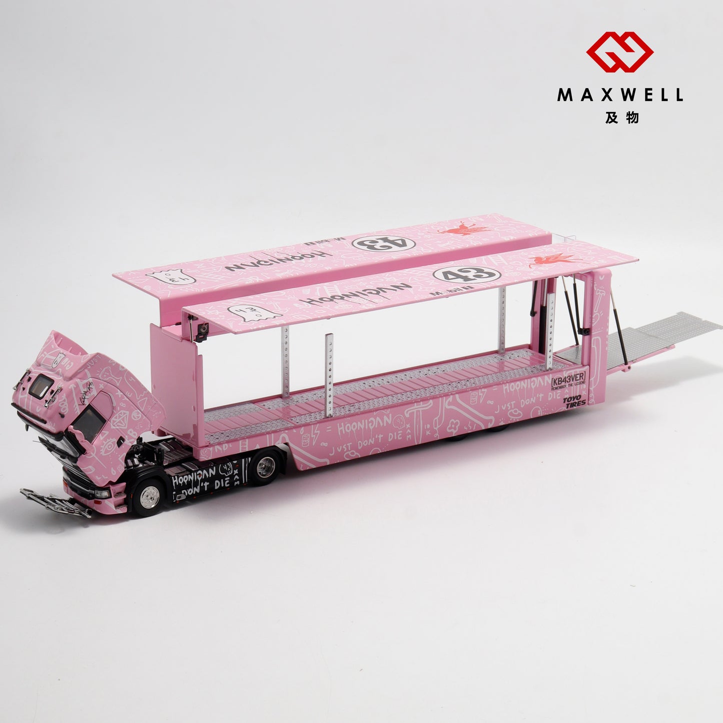 Maxwell 1/64 Scania S-Series S730 V8 Double Layers Enclosed  Gull Wings Transporter Lorry Truck Livery Ken Block Hoonigan #43 Pink Pig