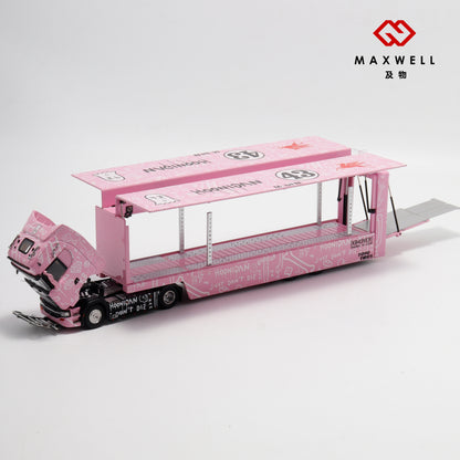 Maxwell 1/64 Scania S-Series S730 V8 Double Layers Enclosed  Gull Wings Transporter Lorry Truck Livery Ken Block Hoonigan #43 Pink Pig