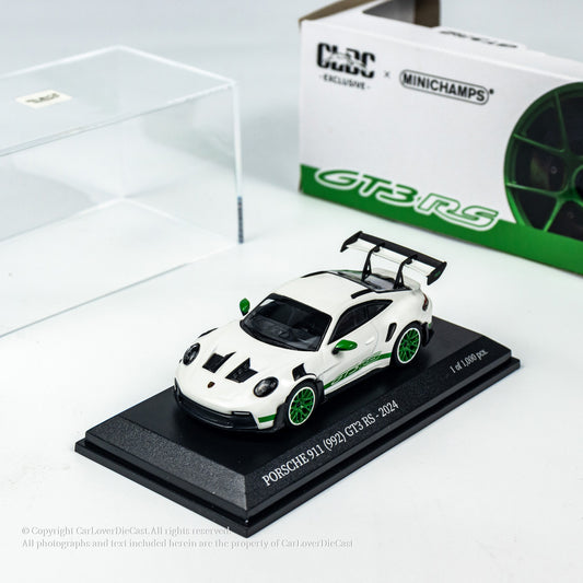 MINICHAMPS 1:64 PORSCHE 911 (992) GT3 RS - 2024 - WHITE W GREEN DECOR EXCLUSIVE FOR CLDC