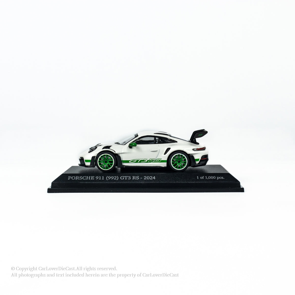 MINICHAMPS 1:64 PORSCHE 911 (992) GT3 RS - 2024 - WHITE W GREEN DECOR EXCLUSIVE FOR CLDC