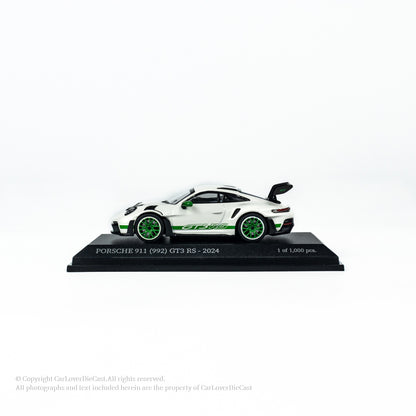 MINICHAMPS 1:64 PORSCHE 911 (992) GT3 RS - 2024 - WHITE W GREEN DECOR EXCLUSIVE FOR CLDC