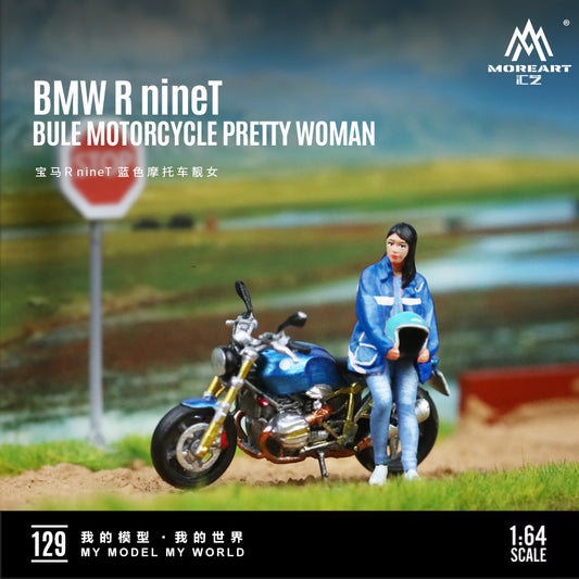 MoreArt 1:64 BMW R NineT Blue Motorcycle Pretty Woman Figure Set (1 Motorcycle + 1 Figure)
