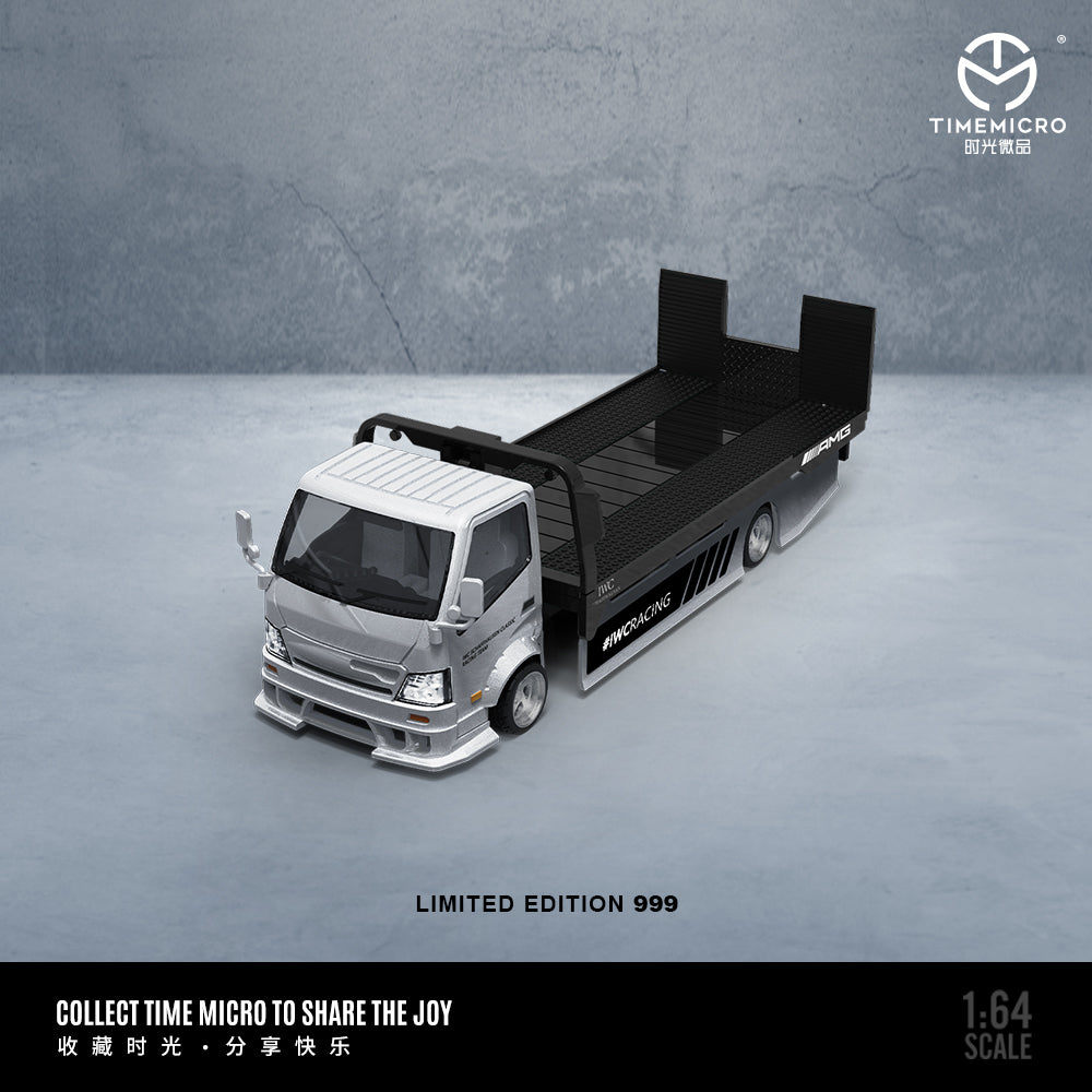 Time Micro 1/64 Hino H300 Flat bed Transport Trailer Truck Extendable Flat Bed IWC Racing Edition + Mercedes-Benz SLS + Model Girl Figure Full Set