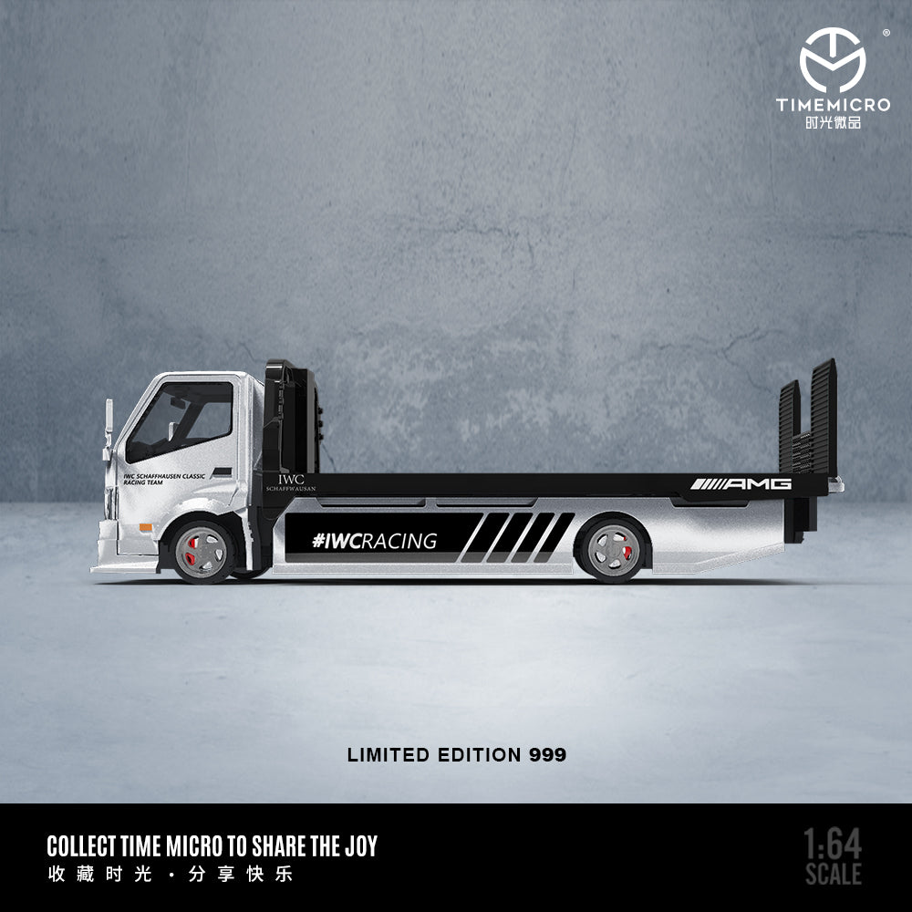 Time Micro 1/64 Hino H300 Flat bed Transport Trailer Truck Extendable Flat Bed IWC Racing Edition + Mercedes-Benz SLS + Model Girl Figure Full Set