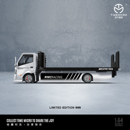Time Micro 1/64 Hino H300 Flat bed Transport Trailer Truck Extendable Flat Bed IWC Racing Edition + Mercedes-Benz SLS + Model Girl Figure Full Set