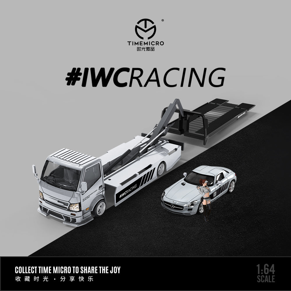 Time Micro 1/64 Hino H300 Flat bed Transport Trailer Truck Extendable Flat Bed IWC Racing Edition + Mercedes-Benz SLS + Model Girl Figure Full Set