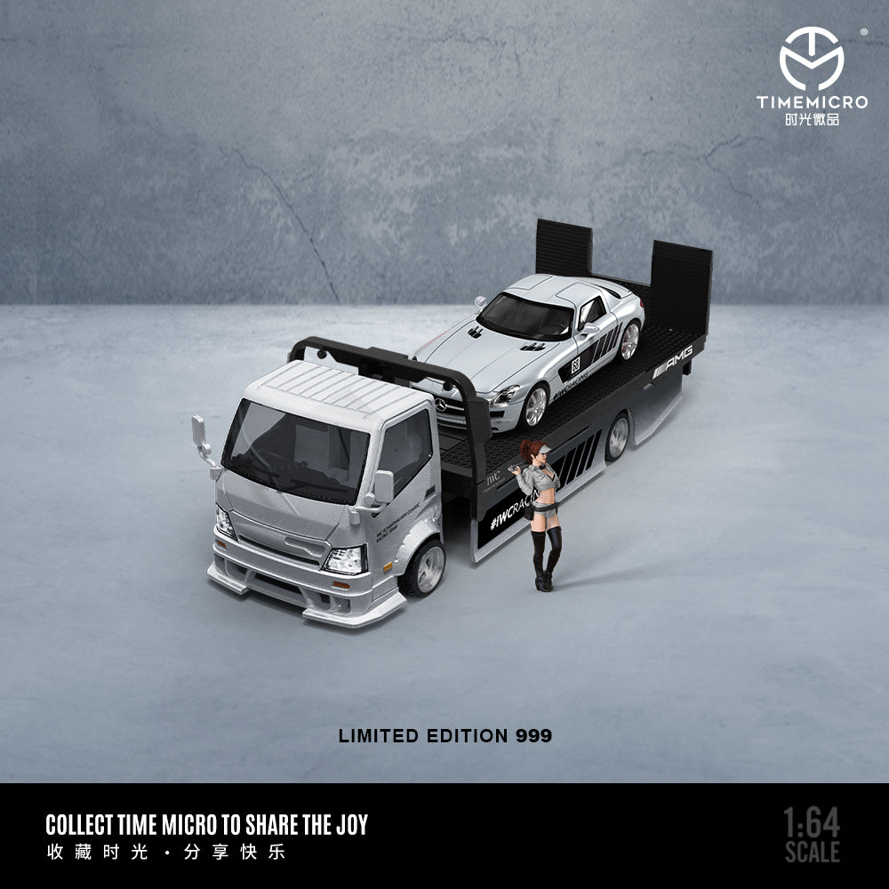 Time Micro 1/64 Hino H300 Flat bed Transport Trailer Truck Extendable Flat Bed IWC Racing Edition + Mercedes-Benz SLS + Model Girl Figure Full Set
