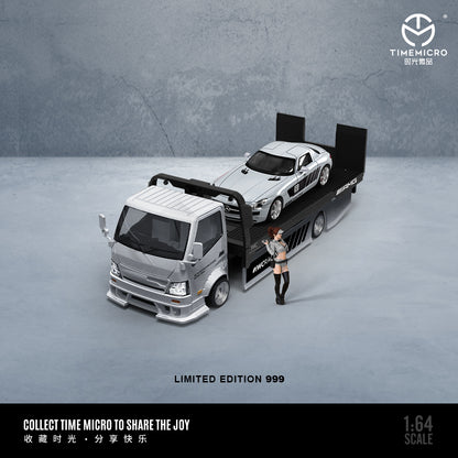 Time Micro 1/64 Hino H300 Flat bed Transport Trailer Truck Extendable Flat Bed IWC Racing Edition + Mercedes-Benz SLS + Model Girl Figure Full Set