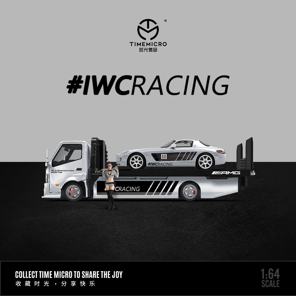 Time Micro 1/64 Hino H300 Flat bed Transport Trailer Truck Extendable Flat Bed IWC Racing Edition + Mercedes-Benz SLS + Model Girl Figure Full Set